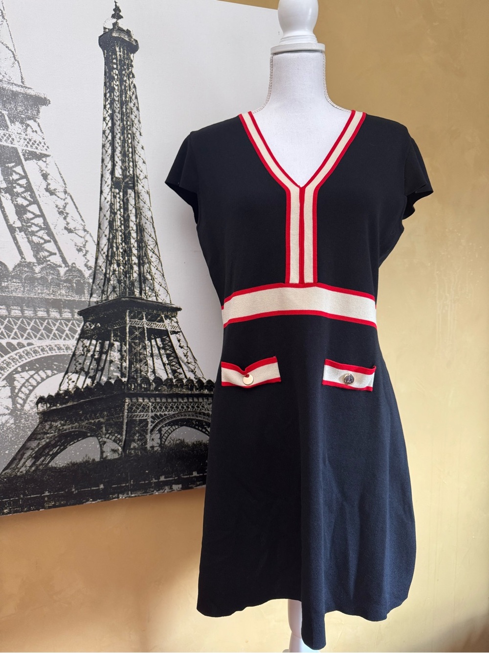 Alexia Admor Black Knit Dress with Red & Cream Trim